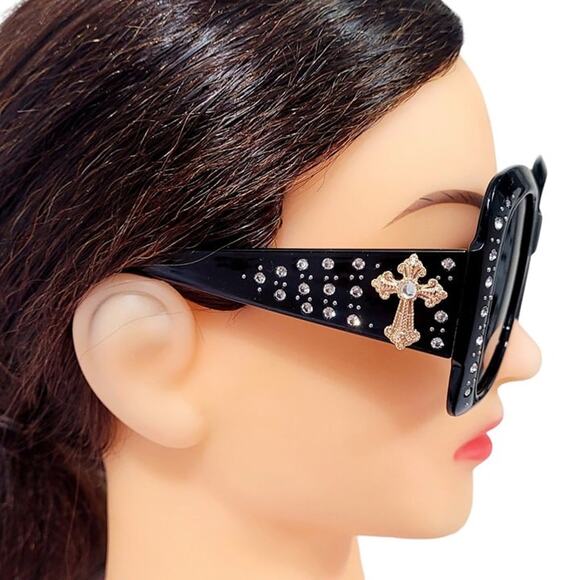 NEW Womens Sunglasses BLING Black SQUARE Gold CROSS Rhinestones Oversize - Picture 2 of 5